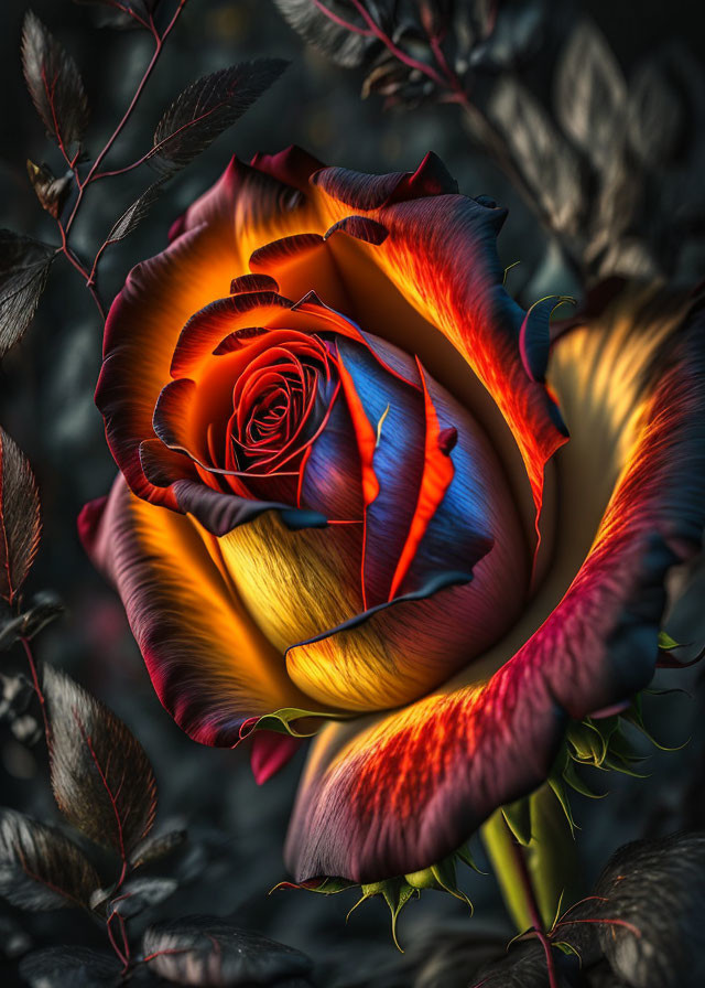 Colorful gradient rose against dark foliage background