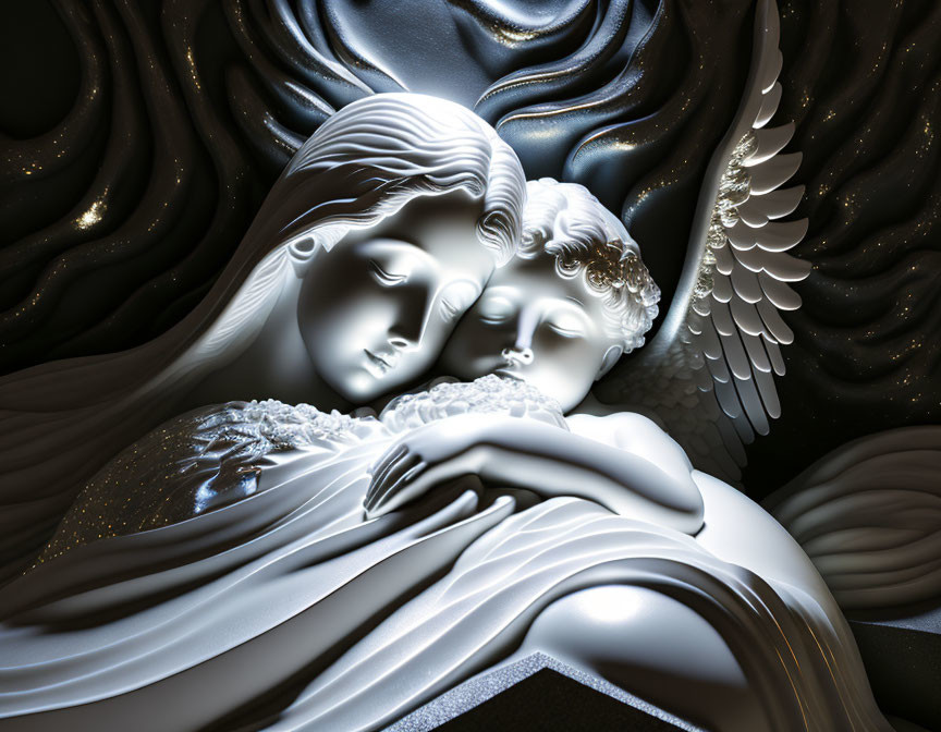 Angel Wings Embraced in Seraphic Pose - Classical Sculpture with Surreal Twist