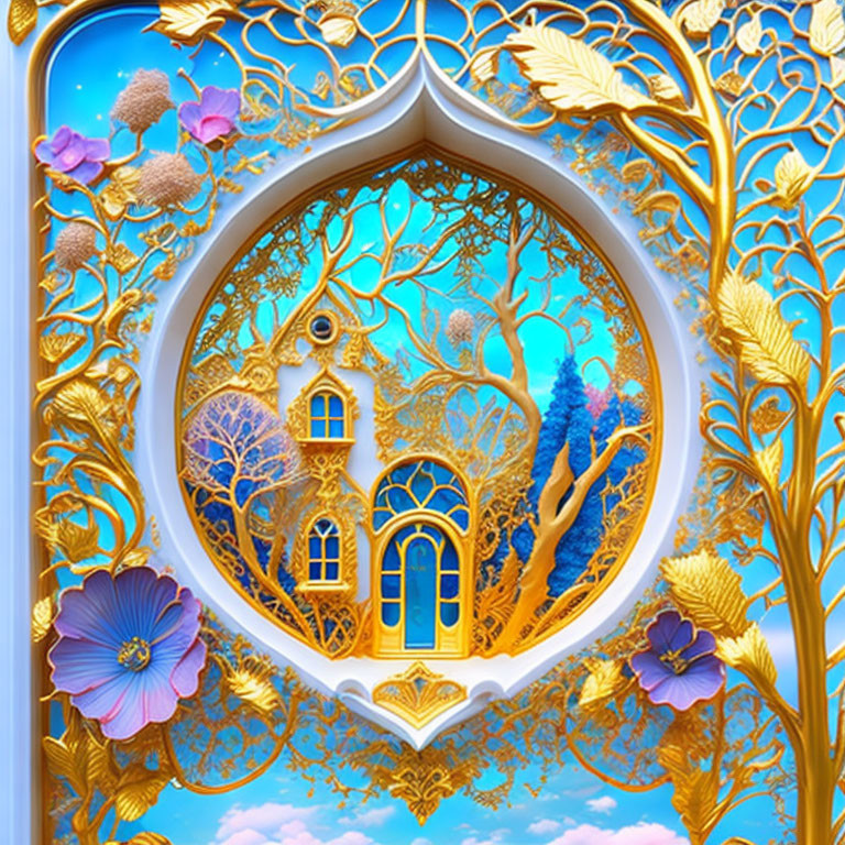 Golden Arabesque Frame Surrounds Colorful Fairytale Scene