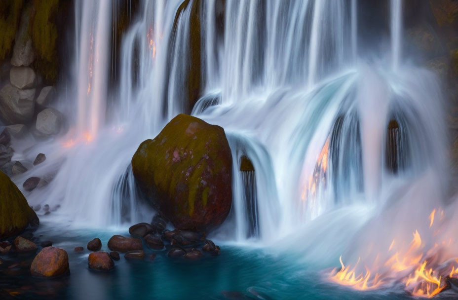 Tranquil waterfall with mossy rocks and dancing flames