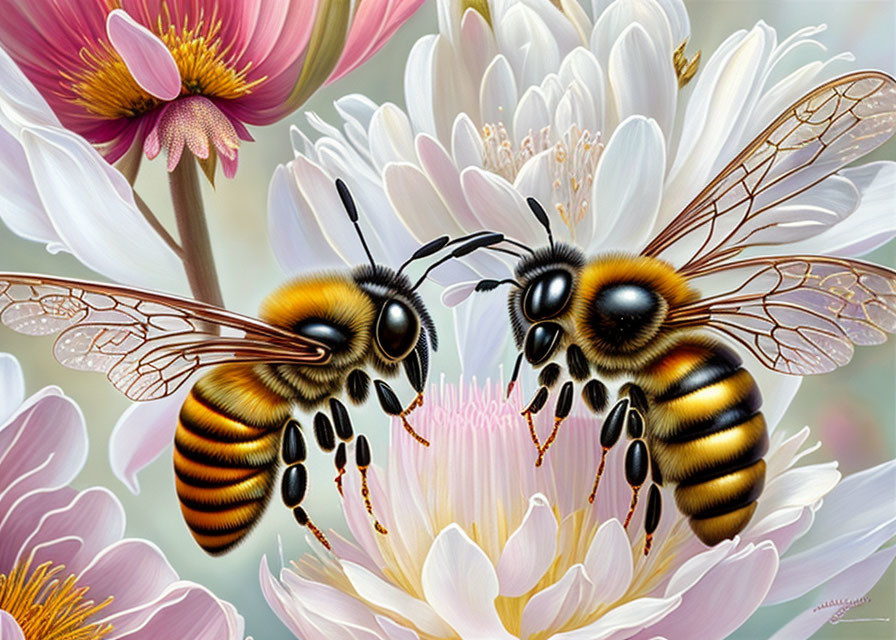 Hyperrealistic bees on pink and white flowers with intricate details.