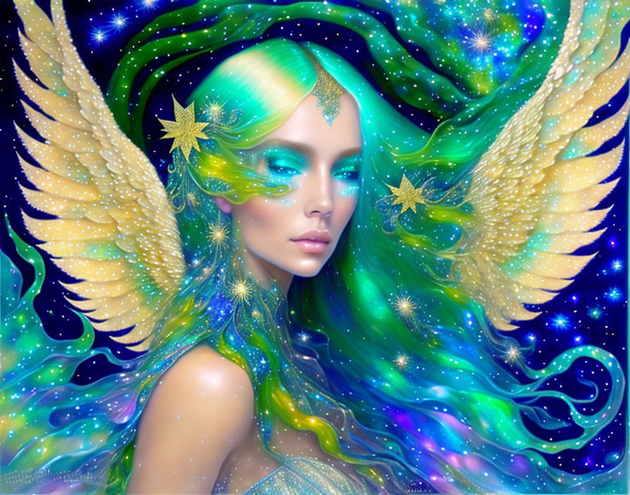 Colorful celestial being with starry hair and cosmic wings in fantasy space illustration