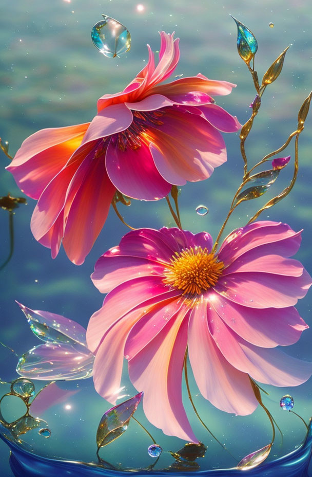 Vibrant pink flowers with water droplets and gemstones on blue backdrop