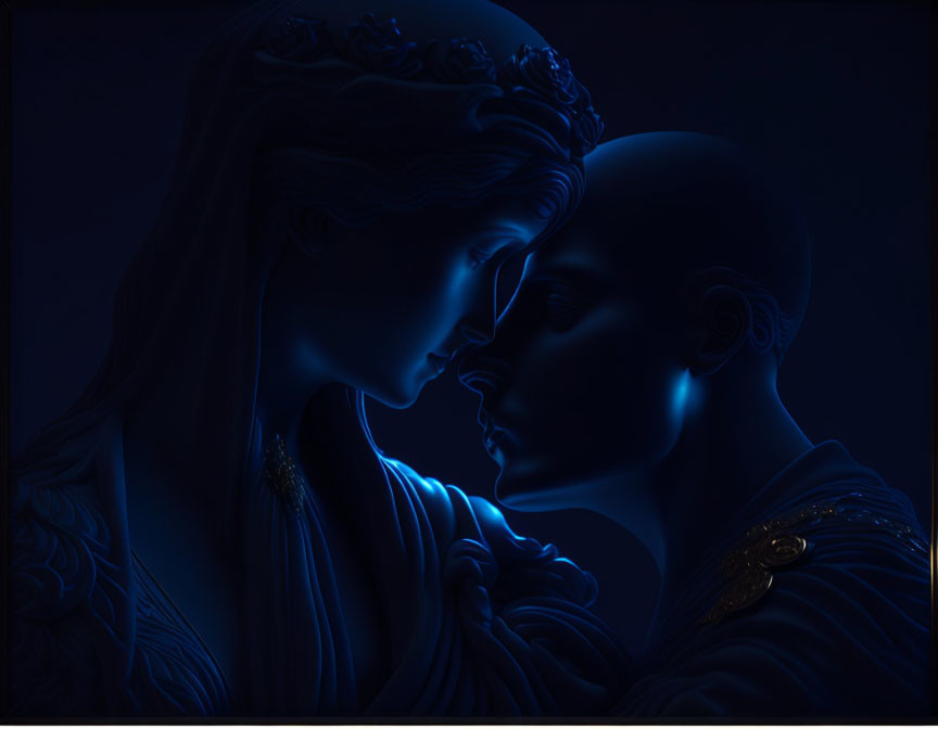 Illustration of two faces in profile, serene expressions, deep blue glow