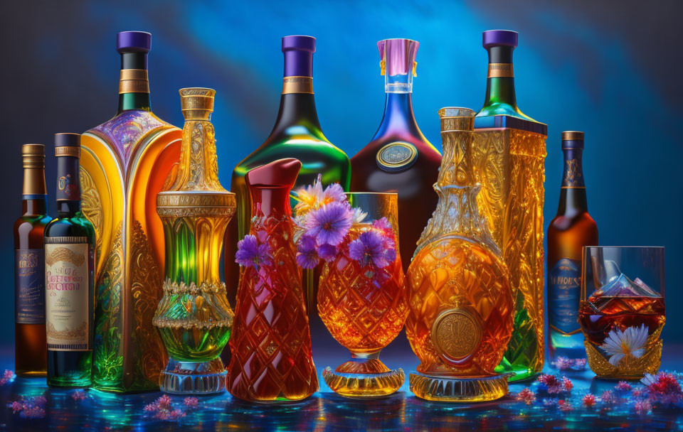 Ornate liquor bottles with intricate designs and crystal glassware on reflective surface