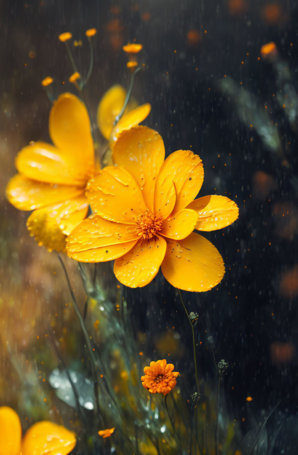 Vibrant yellow flowers with water droplets on dark, rain-speckled backdrop