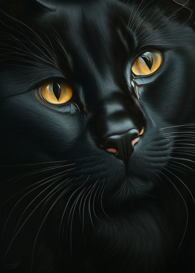 Realistic Black Cat Painting with Amber Eyes and Detailed Fur Texture