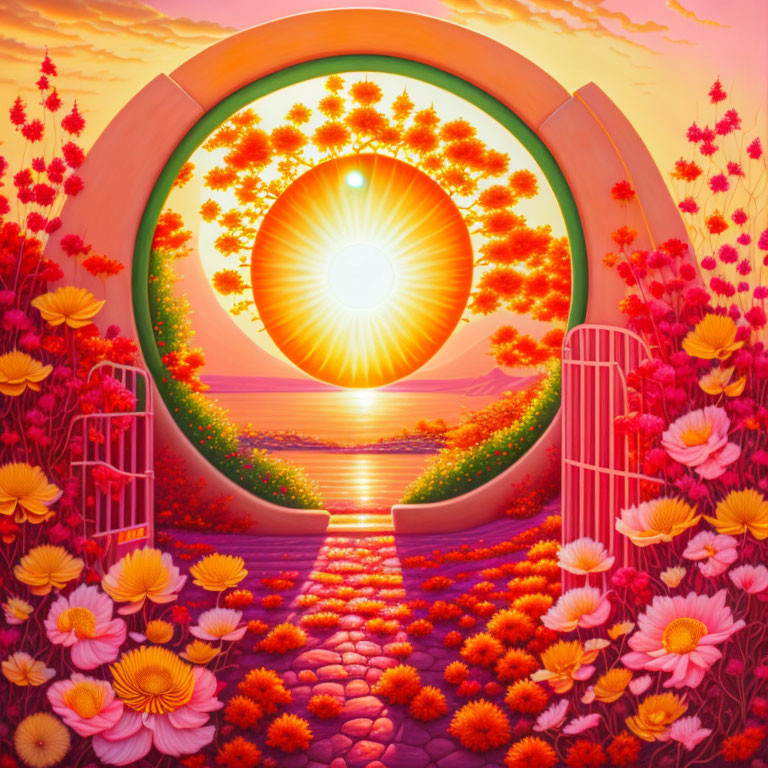 Surreal painting of circular gate, sunset, sea, flowers, cobblestone path