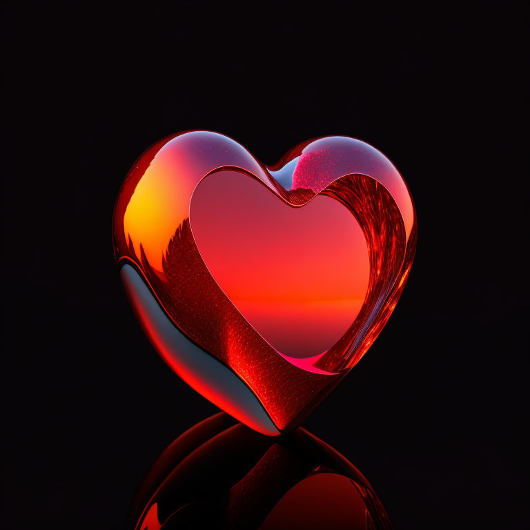 3D illustration of nested heart shapes in glossy red on dark background