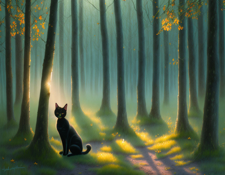 Black Cat in Misty Forest with Sunlight Filtering Through Trees