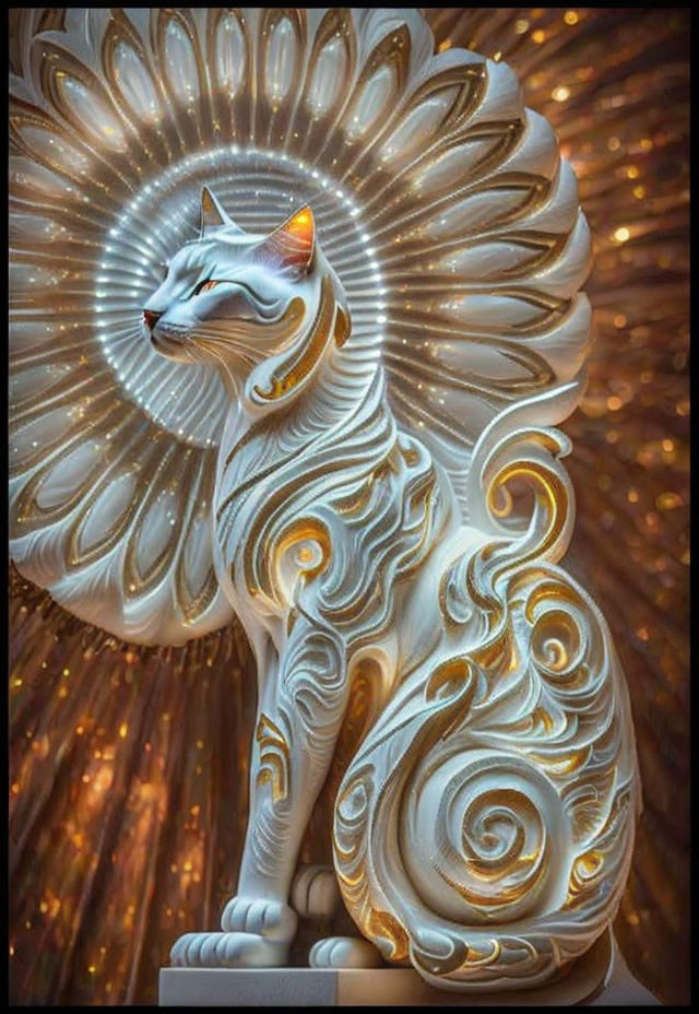 White Cat Sculpture with Golden Swirls on Sunburst Background