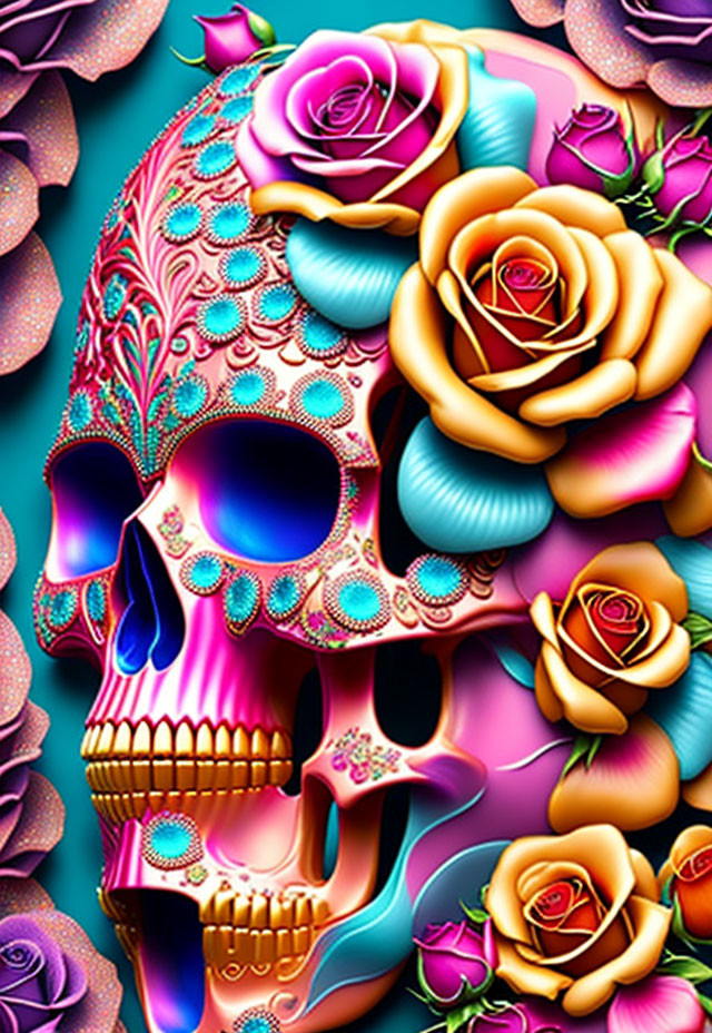 Colorful Skull with Floral Patterns and Roses for Day of the Dead Art