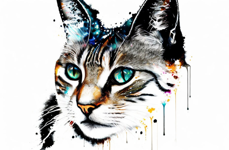 Colorful Cat Face Artwork with Striking Blue Eyes on White Background