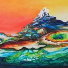 Colorful Mountain Landscape Painting with Monastery and Bold Brush Strokes