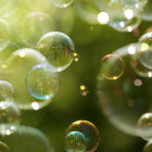 Golden sparkles in transparent bubbles with green foliage, against a sunlit green backdrop