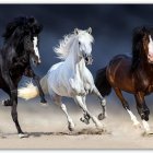 Vibrant black stallion with colorful mane running in abstract background