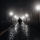 Person walking on foggy, wet street with glowing street lamps