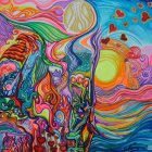 Colorful Artwork of Interwoven Female Figures and Cosmic Elements