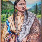 Native American chief in traditional attire by river with mountain backdrop and white wolf