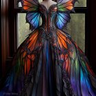 Colorful Butterfly Wing Design Dress with Blue to Orange Gradient and Floral Embellishments on Mannequin