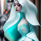 Futuristic woman in white and teal outfit with gold necklace in urban alleyway