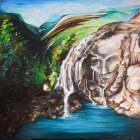 Scenic painting of waterfall cascading into blue pool surrounded by lush forests