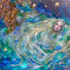 Surreal image: Woman merging with starry night sky in vibrant blue and gold hues