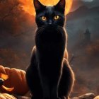 Black Cat Among Pumpkins Under Orange Sunset with Silhouetted Bat