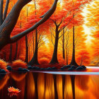 Vibrant autumn forest with red and orange leaves reflected in blue river