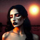 Dark-haired woman with gold glitter makeup in surreal sunset scene