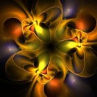 Symmetrical floral-like abstract digital artwork with glowing yellow, orange, and blue hues