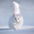 White cat with yellow eyes in snowy landscape with bare trees