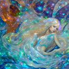 Woman with flowing hair amidst cosmic stars and nebulas on vivid galactic background