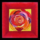 Multicolored Rose in Square Spiral Pattern on Red Background