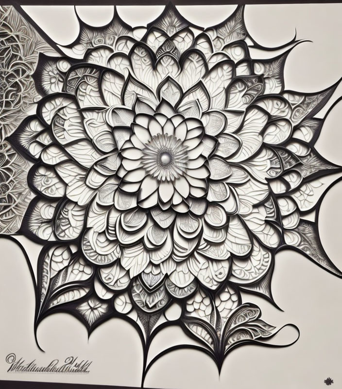 Grayscale mandala-style artwork with intricate floral patterns and 3D shading