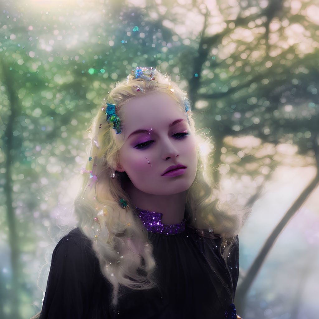 Blonde person in black outfit with glittering crown and dreamy expression against blurred forest background