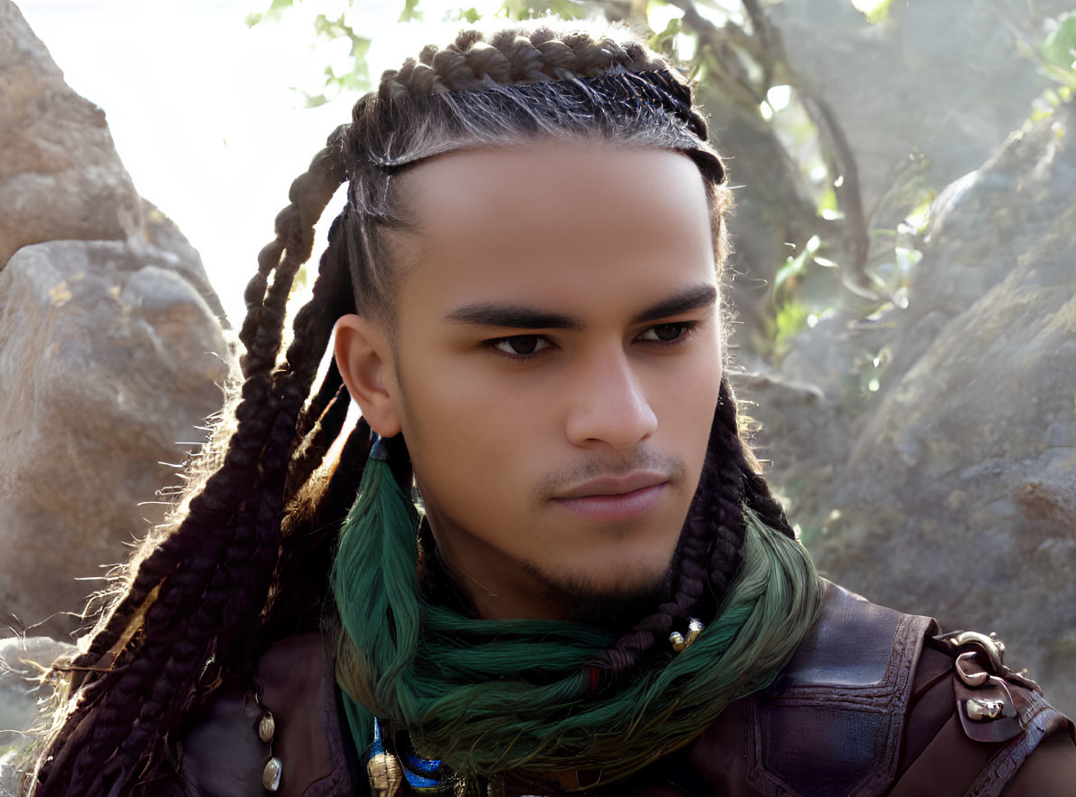 Young man with intricately braided hair and tribal scarf in fantasy-inspired style