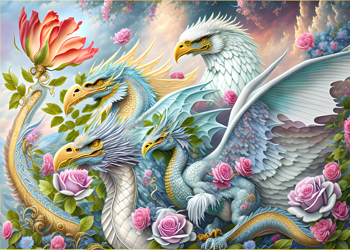 Fantasy artwork: Three blue dragons, pink roses, fluffy clouds, golden rose.