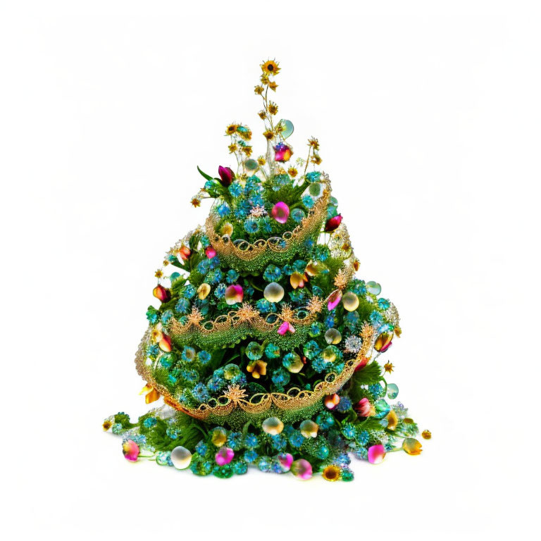 Colorful Christmas tree with blue and gold decorations on white background