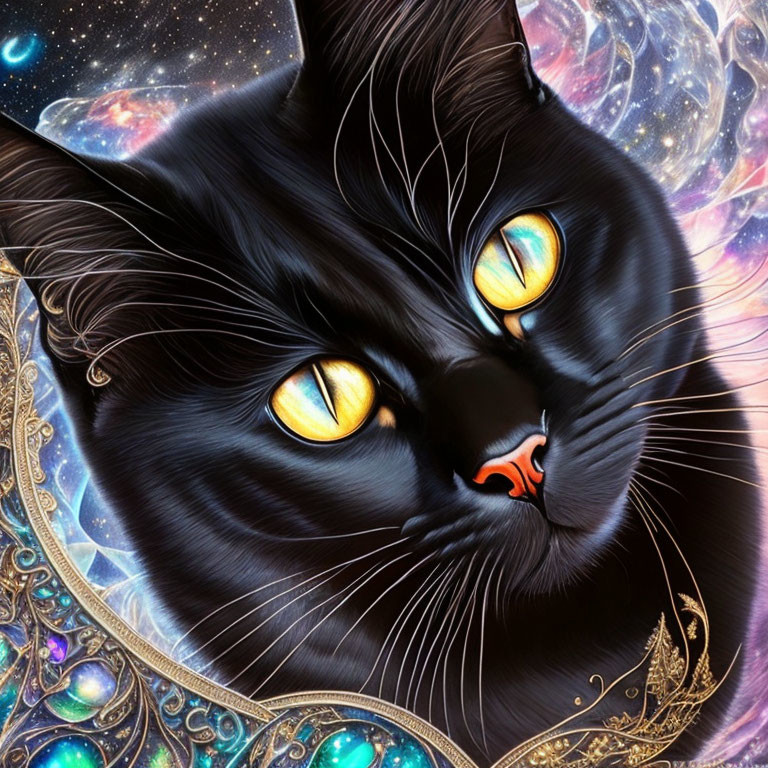 Black cat digital art with yellow eyes and golden designs on cosmic background