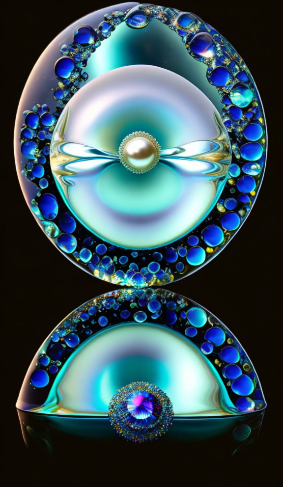 Abstract iridescent egg-shaped objects with pearls and blue droplets on black background