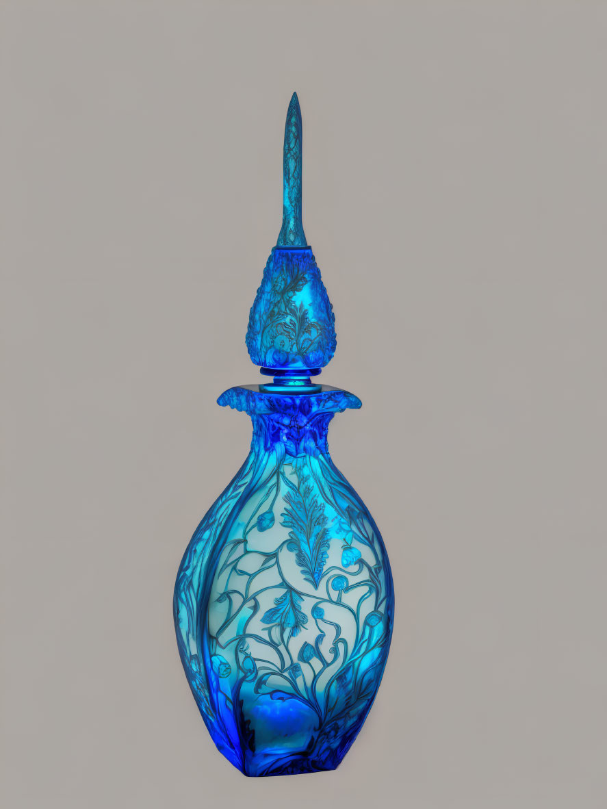 Blue Glass Perfume Bottle with Floral Patterns and Pointed Stopper