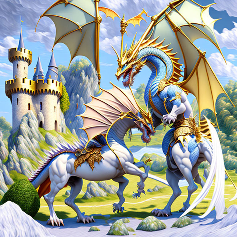 Blue and Gold Dragon in Front of Whimsical Castle and Green Hills