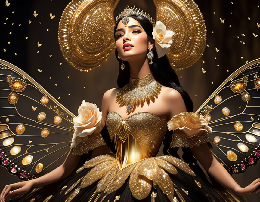 Woman in golden butterfly gown with ornate wings and heart-shaped sparkles.