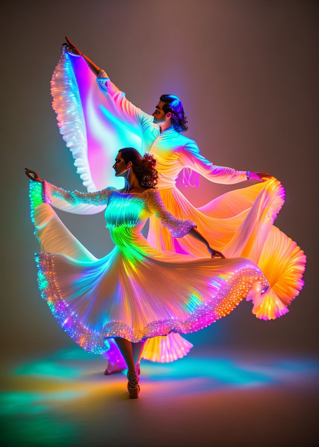 Vibrant glowing costumes on two dancers in dimly lit space