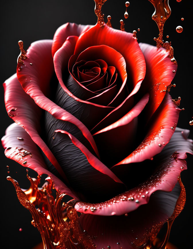 Vibrant red rose with water droplets on dark background