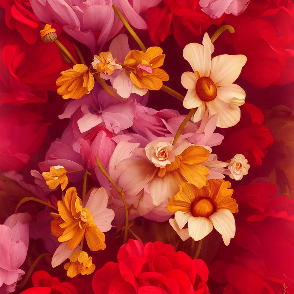 Colorful Pink and Red Petals with Yellow and White Daffodils in Floral Arrangement