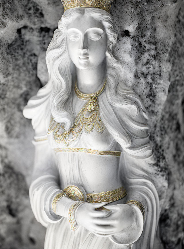 Detailed statue of woman with closed eyes and golden jewelry on textured background