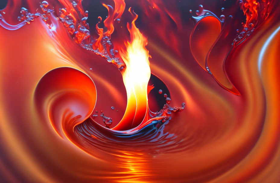 Abstract liquid and fire blend in swirling red and orange hues