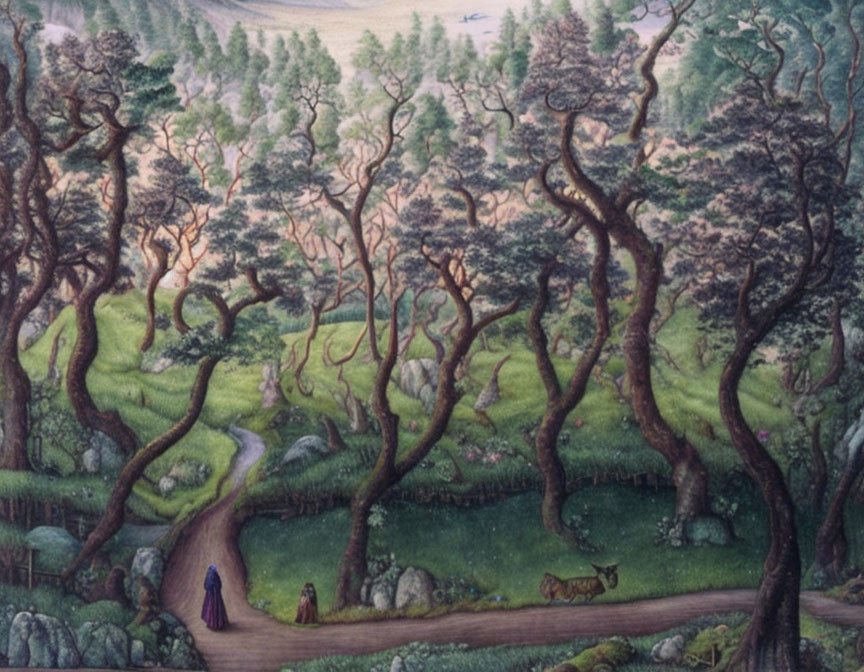 Detailed painting of mystical forest with gnarled trees, winding path, cloaked figure, and fox